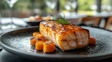 Delicious Pan Seared Cod Fillet Roasted Sweet Potato Cubes Gourmet Dish Restaurant Food Fish Meal Herb Dill   
