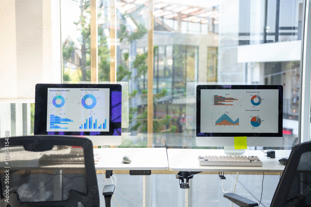 Poster modern office desks displaying statistics on computer screens