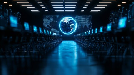 Fototapeta premium Wide-angle view of a futuristic classroom filled with holographic learning devices, central hologram of a rotating Earth, minimalistic architecture, cool tones, digital painting