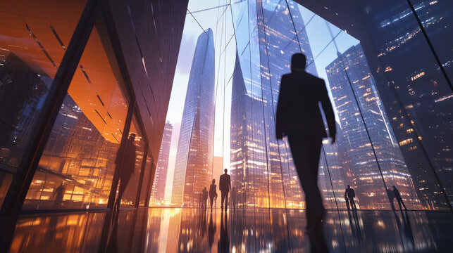 Business people walking on the streets of the city, blurred light and buildings