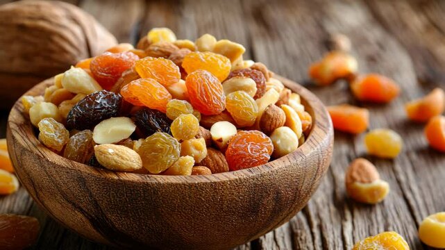 Healthy mixed nuts and dried fruits in a wooden bowl on a rustic table