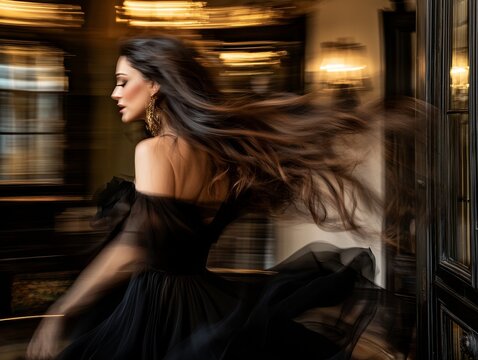 Woman with long brown hair in a luxurious black silk dress, motion blur giving a cinematic feel, set against a dimly lit interior with vintage decor
