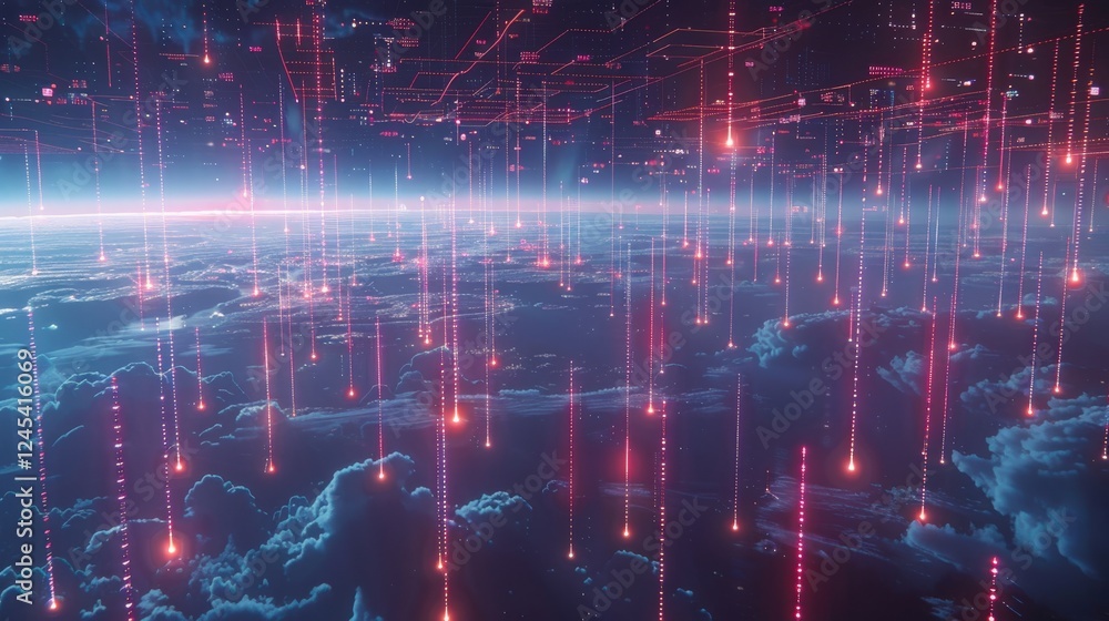 Poster advanced digital network overlay above earth surface with glowing pink, red data streams representin
