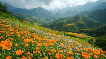 Orange flowers bloom hillside, mountain valley, travel poster