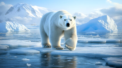 Majestic Polar Bear Wandering Through Pristine Arctic Ice and Snow Under a Clear Blue Sky