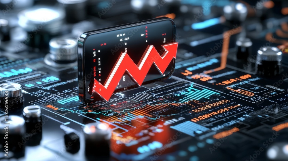 Poster analyzing stock market trends with advanced mobile technology financial sector data visualization di