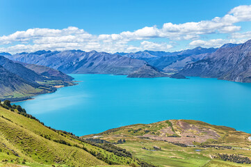 Fototapeta premium Lake Hawea and the mountains, Otago, South Island, New Zealand, Oceania.