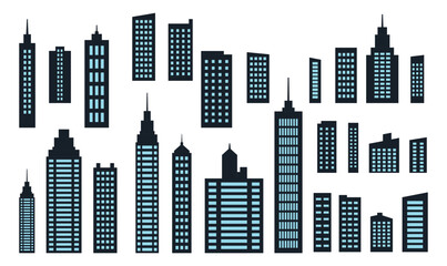 Fototapeta premium Blue Black Silhouette Elements Set of Skyscraper Tower Building in City Town