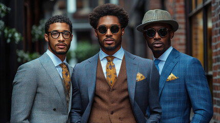Male models in tailored suits posing confidently in an urban industrial setting
