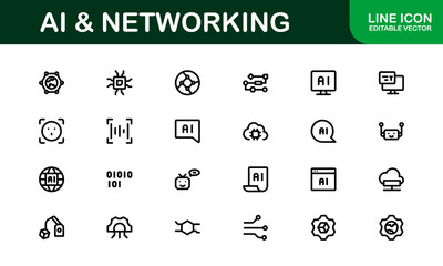 AI and Networking Icons. High-Quality Vector Illustrations for Machine Learning, Cloud Networking, Data Security, and UI/UX Design Solutions