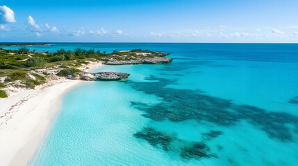 Obraz premium Tranquil beach scene, pristine white sand meeting turquoise waves, bright sunlight with lush greenery, perfect for relaxation.