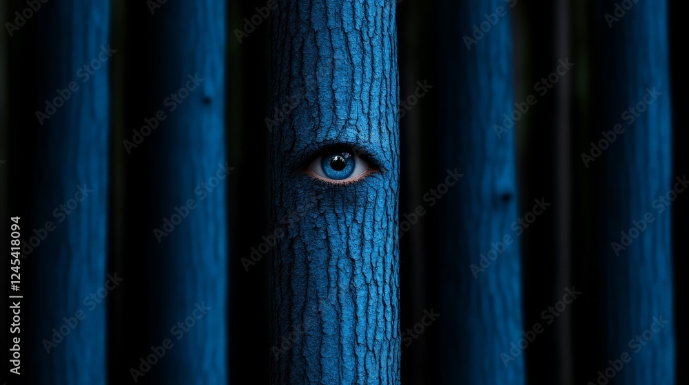 Poster mystical forest sentinel: an eye stares out from a painted tree in a forest, creating a surreal and 
