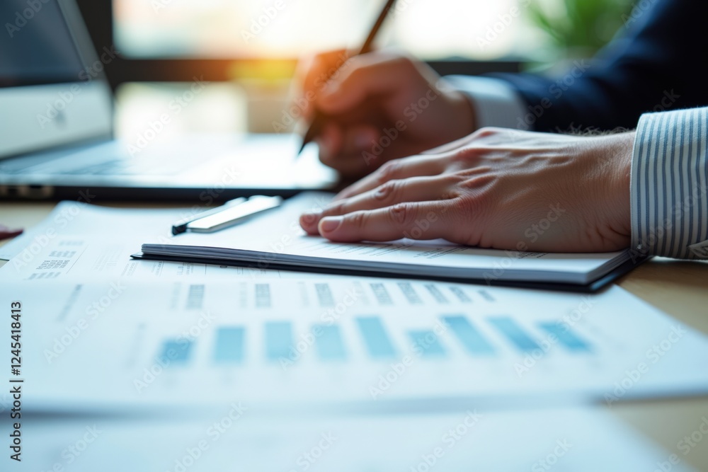 Poster focused professional analyzing business reports on a desk at a modern office, noting insights while 