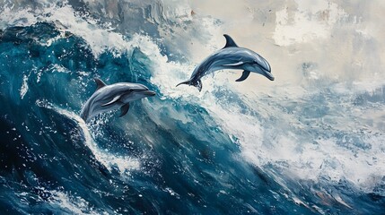 Fototapeta premium Dolphins leaping over turbulent waves, dynamic ocean scene with vibrant blues, symbolizing freedom and adventure.