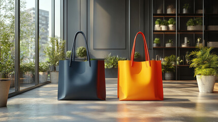 Shopping bag concept featuring bold branding designs in a minimalist setup