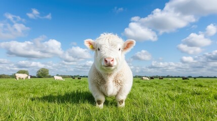Obraz premium White calf in pasture, sunny day, herd in background; farm animal imagery