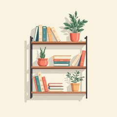 Bookshelf with Plants and Books Cartoon Illustration