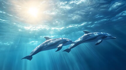 Two dolphins swimming gracefully, vibrant blue ocean backdrop, sun rays filtering through water, serene aquatic theme.