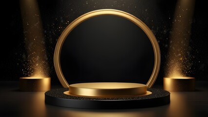 Black round podium product stage on black background of golden glitter and a spotlight Generative AI