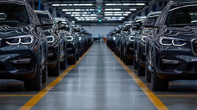 Black electric sedan cars standing, parking in a row. Fleet of generic modern Luxury cars consisting of generic brandless design in new electric car showroom for display