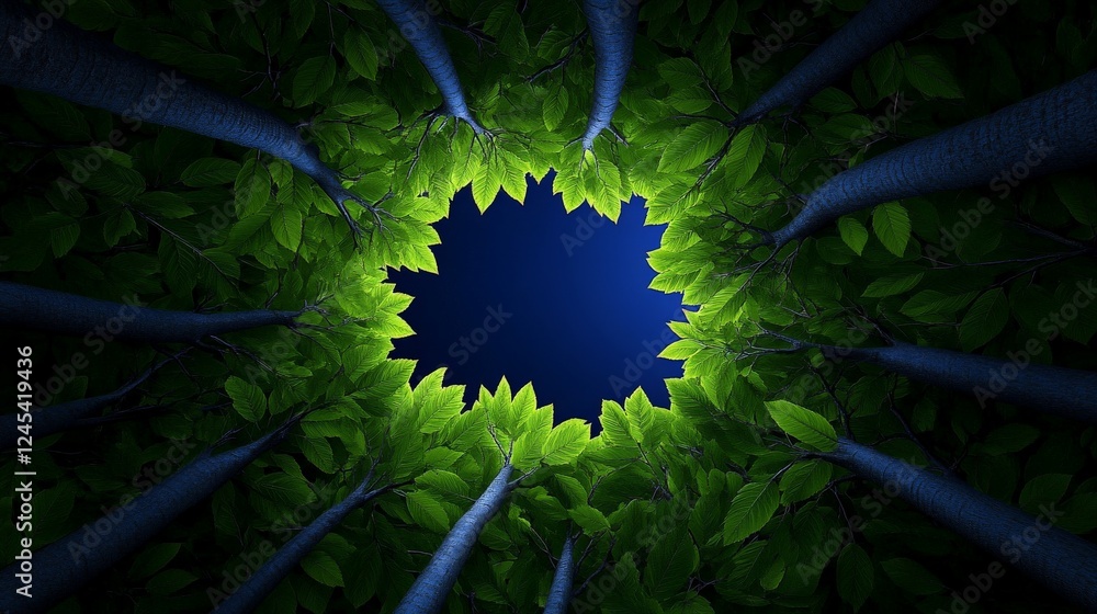 Poster canopy serenity: a mesmerizing low-angle shot captures a circle of lush tree tops reaching towards a