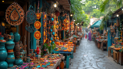 Fototapeta premium Shopping spree scene featuring vibrant market stalls selling handmade accessories