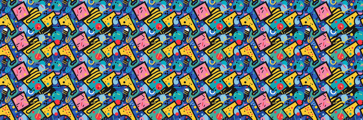  Seamless pattern with geometric shapes in the style. Multicolored vintage background with triangles, circles and squares for textile, fabric and Sudanese fabric art.