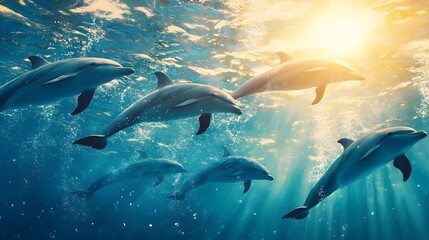 Obraz premium Dolphins swimming gracefully, playful marine mammals in vibrant blue waters, sunlight filtering through, ideal for ocean themes.