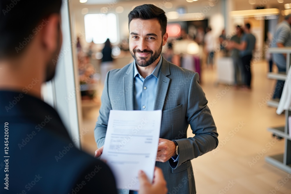 Poster professional man in gray suit smiling and engaging with another individual in a modern office enviro