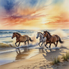 watercolor of wild horses galloping along the sandy shores of the Outer Banks.
