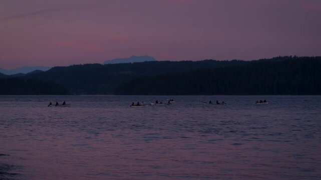 Rowboats of the Tyee club of BC fishing Chinook salmon in discovery passage between Campbell River and Quadra Island, Vancouver Island, British Columbia, Canada