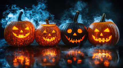 Four illuminated jack-o'-lanterns with spooky faces sit on a reflective surface, emitting smoke in a dark setting.