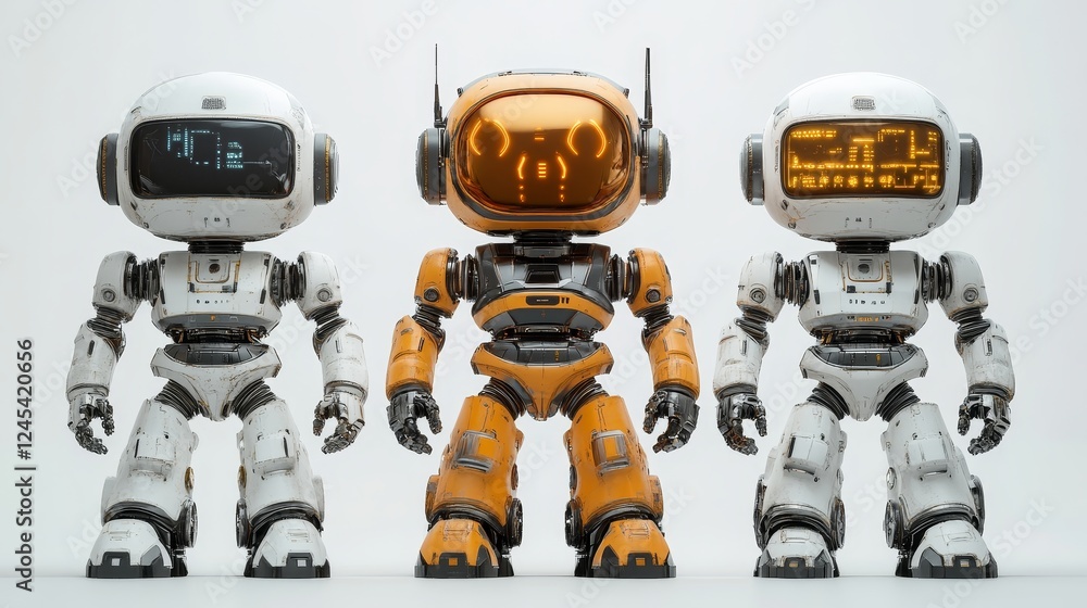 Poster three futuristic robots with advanced digital displays in a lineup