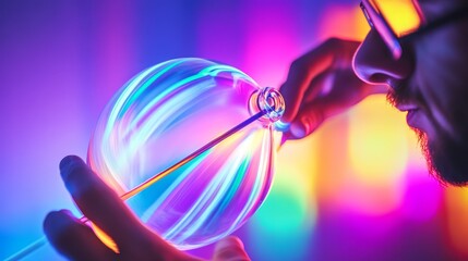 Artist skillfully shaping a glowing glass orb in a vibrant, colorful workshop illuminated by neon lights