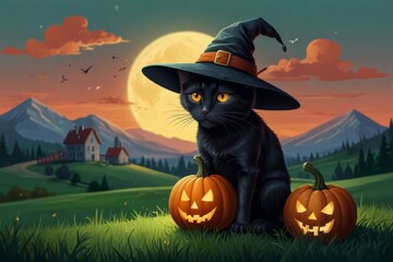 Cute cat in witch costume on Halloween night 
