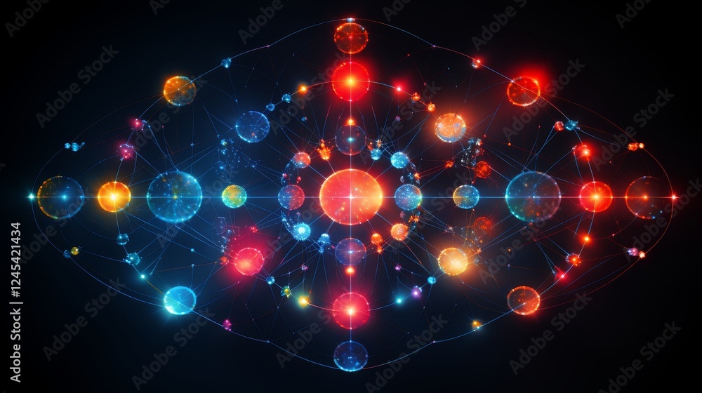 Poster vibrant network of interconnected glowing nodes on dark background
