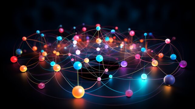 Colorful network of connected spheres on dark background