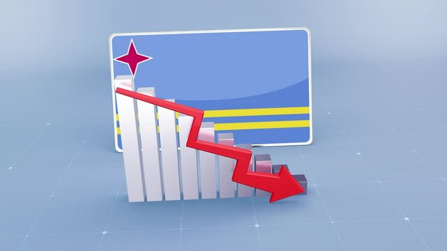 Aruba country flag and bar chart graph showing decreasing values a red arrow economic crisis concept. Flag of Aruba