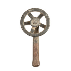 Obraz premium Vintage Iron Wheel with Wooden Handle on White Background