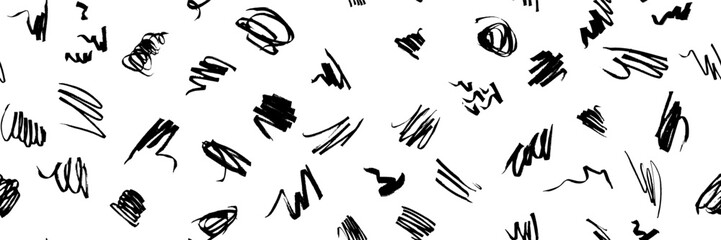Black abstract shape hand-drawn brushstrokes on white background. Paint brush line seamless pattern background. Swirls, swooshes and scribbles kid sketch graphic pattern. Marker strokes bg