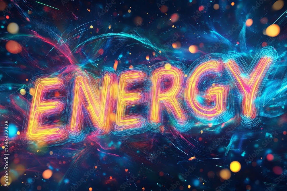 Poster vibrant neon energy text with dynamic abstract background and colorful light trails
