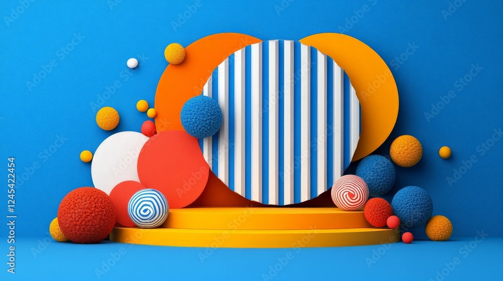 Poster abstract geometry: a vibrant and playful composition featuring a series of geometric shapes in brigh
