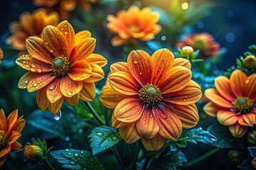 Dew-Kissed Orange & Yellow Flowers: Low Light Lush Green Nature Photography