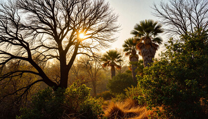 Fototapeta premium Silhouetted tamarind trees at desert oasis, serene tropical ambiance
