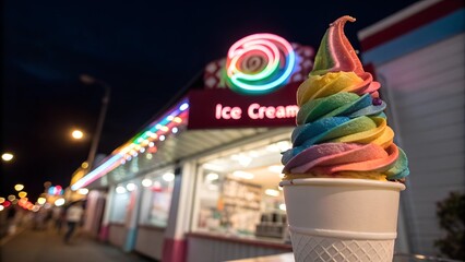 Colorful ice cream cone in the city street with party decorations and confetti
