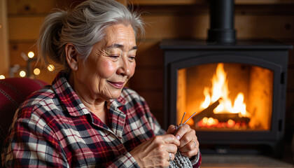Serene elderly Asian woman knitting by the fireplace, cozy ambiance