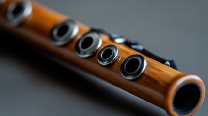 Naklejka premium Close-up of a Wooden Flute: Musical Instrument Detail