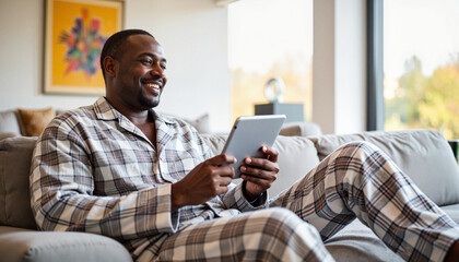 Happy Black man enjoying tablet in modern living room, leisure time