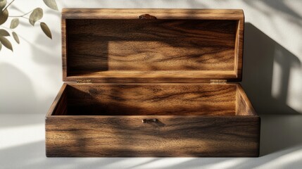 An elegant opened wooden box with a hinged lid on a light gray surface 