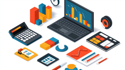 Include elements like calculators, laptops, and statistical charts for real-world applications.